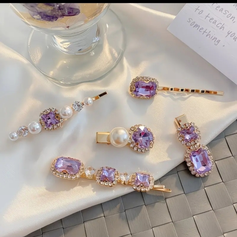 🆕️ PURPLE RHINESTONE & PEARL HAIR PINS & CLIPS - SET OF 5